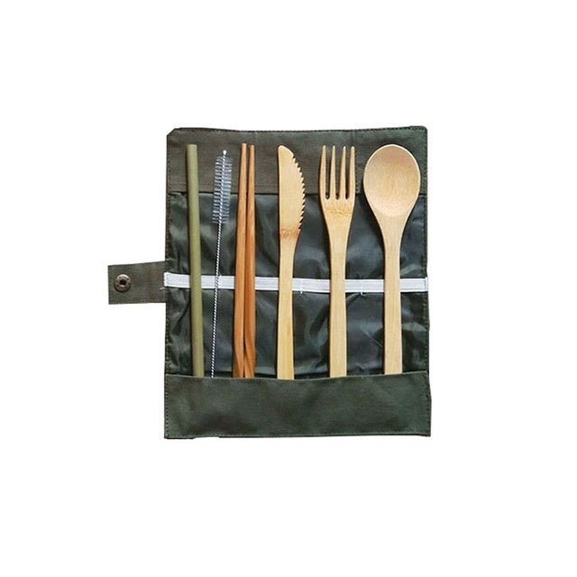 Eco-Friendly Bamboo Cutlery Set with Green Case - Reusable & Portable