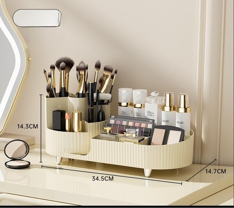 Rotating Beige Cosmetic Organizer - Space-Saving Countertop Solution