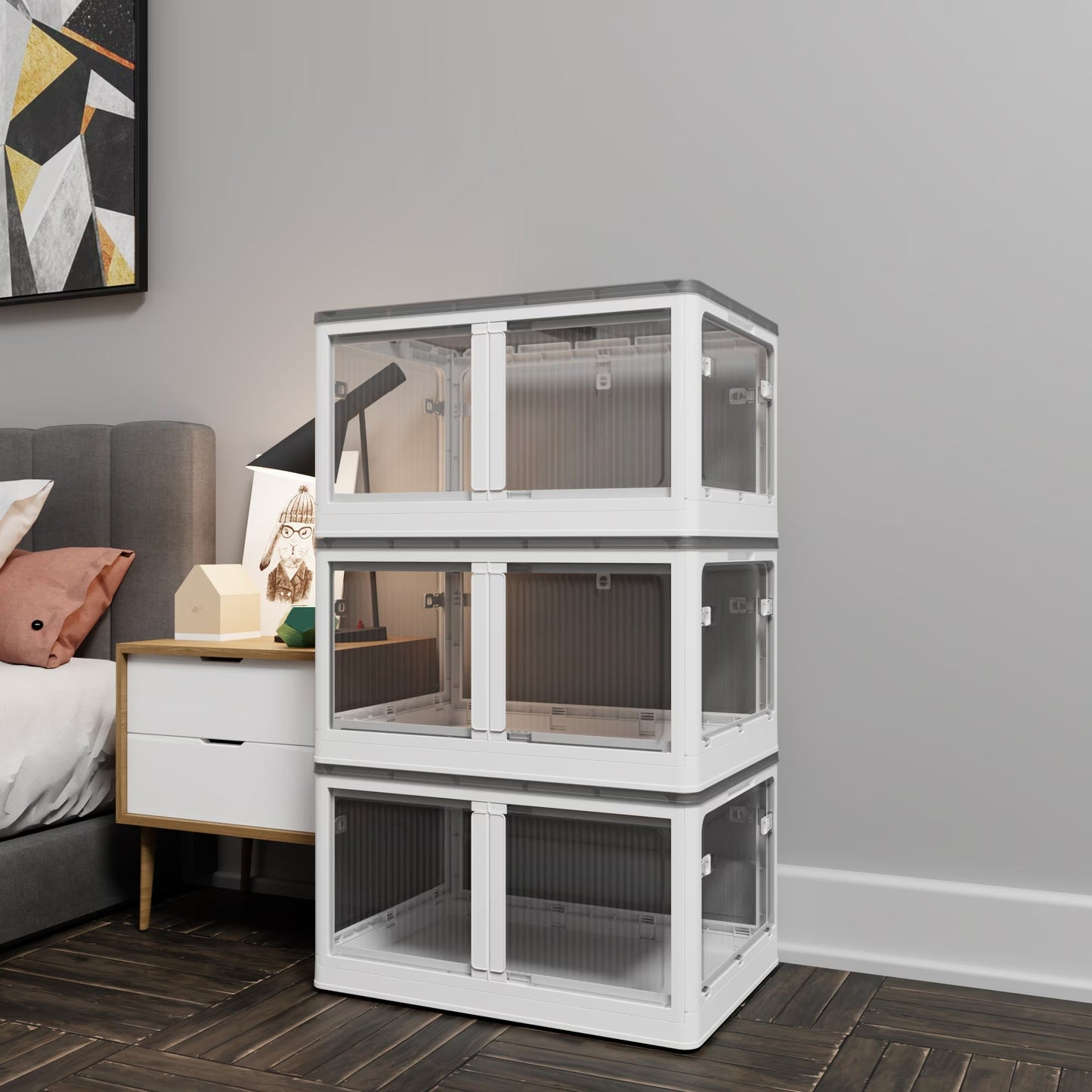 Stackable Black Storage Box with Transparent Panels