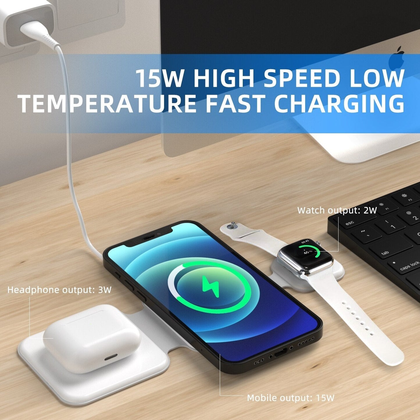 Foldable 3-in-1 Wireless Charging Station for Multiple Devices