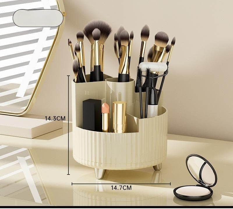 Rotating Beige Cosmetic Organizer - Space-Saving Countertop Solution