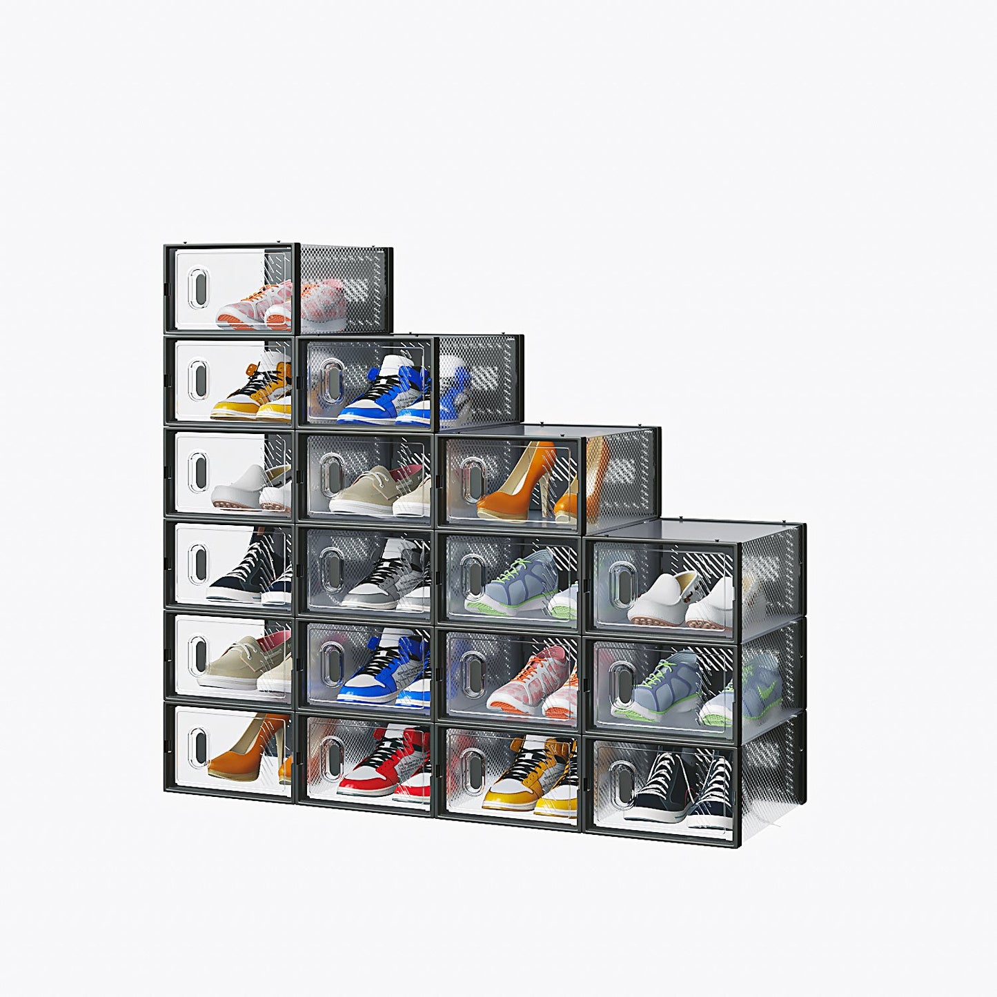 Stackable Black Shoe Storage Boxes with Transparent Fronts