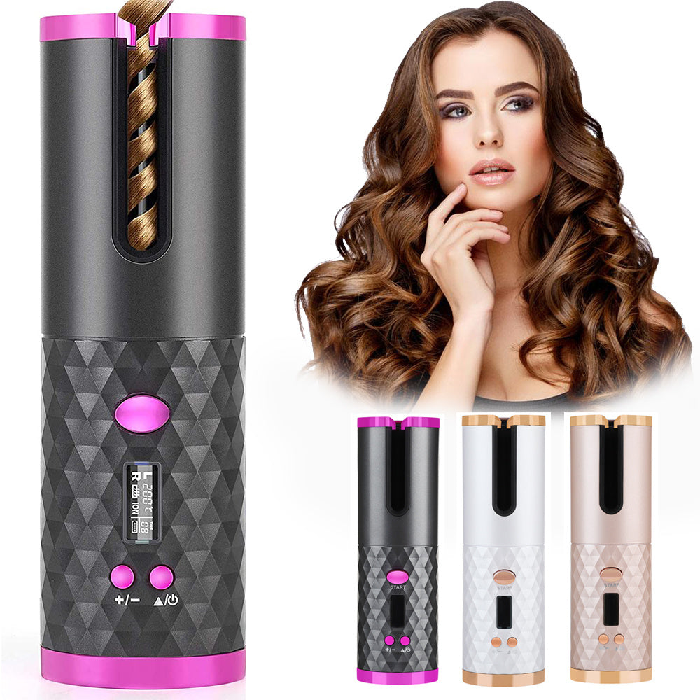 Black and pink portable automatic hair curler with textured grip