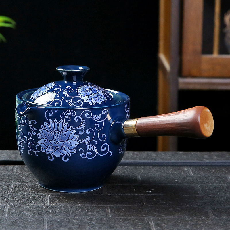 Elegant Ceramic Teapot and Teacup Set - Eco-Friendly, Durable, White with Blue Patterns
