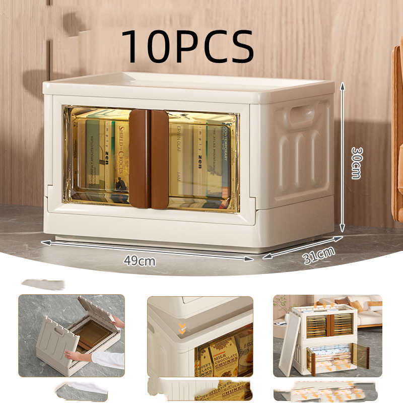 Stackable Beige Storage Box with Transparent Front - Space-Saving Organizer