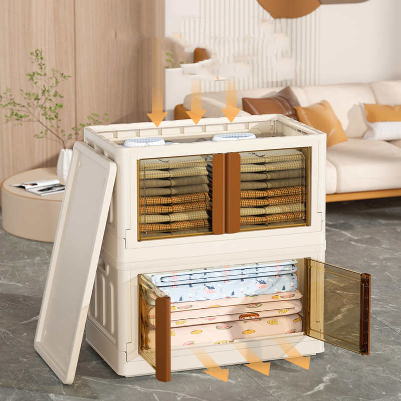 Stackable Beige Storage Box with Transparent Front - Space-Saving Organizer