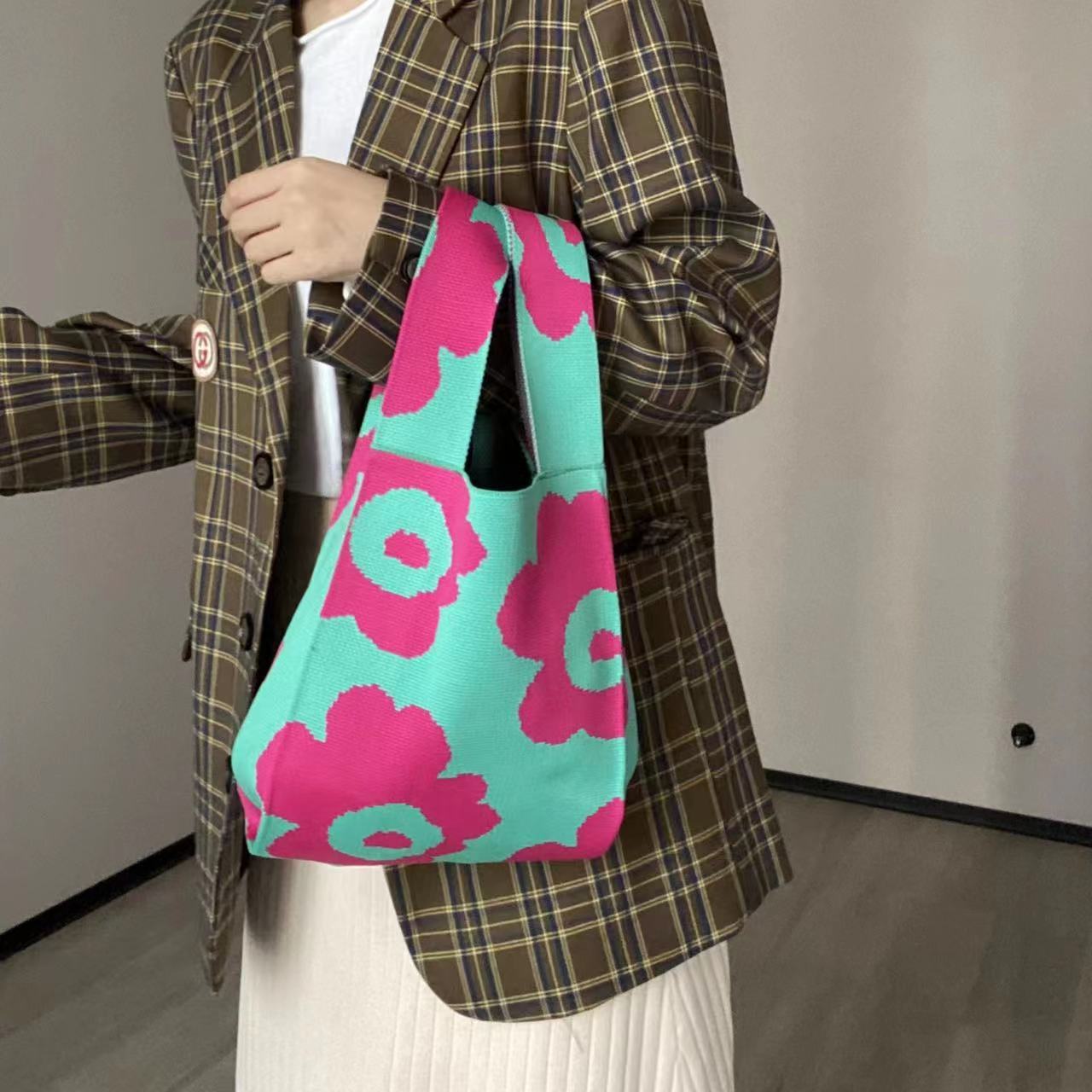 Eco-Friendly Reusable Cotton Bag - Red with Blue Floral Pattern