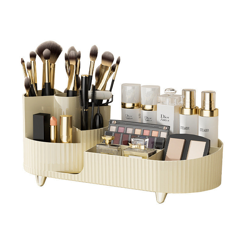 Rotating Beige Cosmetic Organizer - Space-Saving Countertop Solution