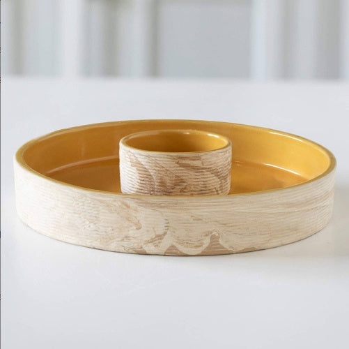 Eco-Friendly Round Serving Tray with Dip Bowl - Natural Wood & Yellow