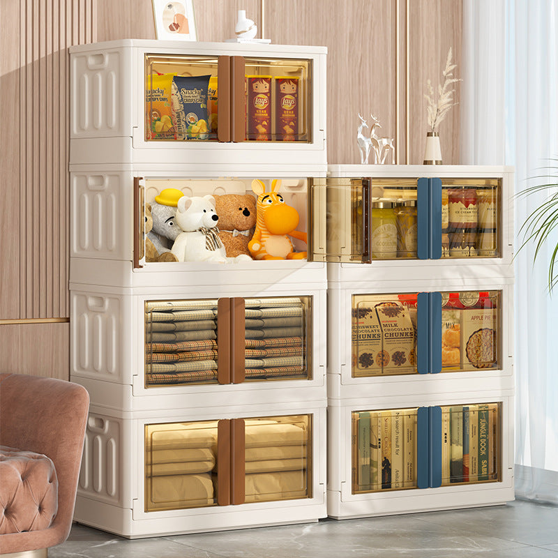 Stackable Beige Storage Box with Transparent Front - Space-Saving Organizer