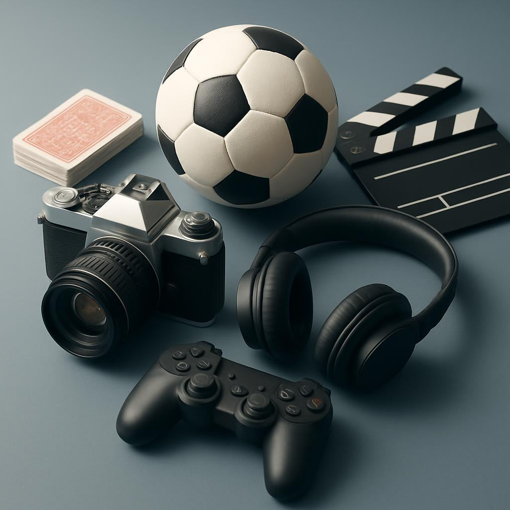 Arts and entertainment essentials including creative tools, hobby supplies, and activity products arranged on a clean background.