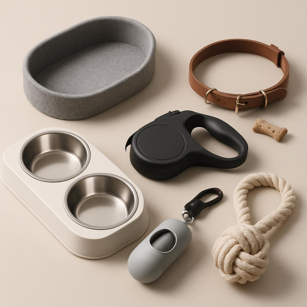 Pet accessories including pet toys, pet attire, and aquatic accessories arranged on a clean background.