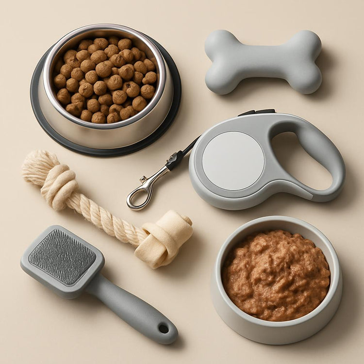 Pet care essentials including grooming tools, hygiene products, and pet control accessories arranged on a clean background.