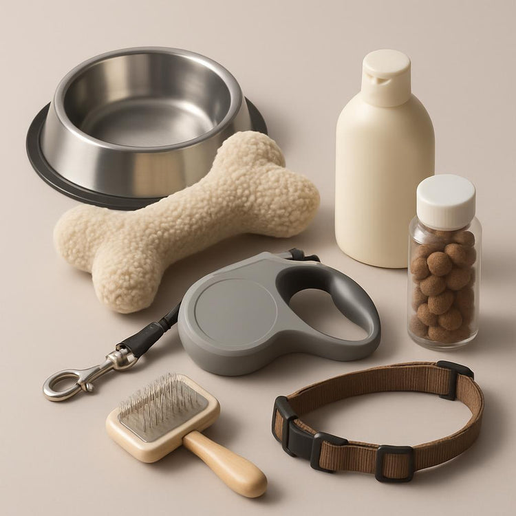 Pet essentials including pet food, feeding supplies, and pet bedding arranged on a clean background.