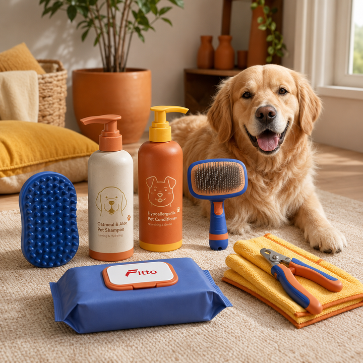 Pet care essentials including grooming tools, hygiene products, and pet control accessories arranged on a clean background.