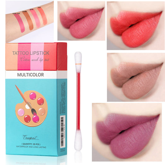 Portable liquid-lipstick swab applicator set with waterproof, transfer-proof formula