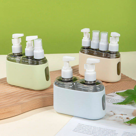 Light green, beige, and light blue refillable travel toiletry bottles