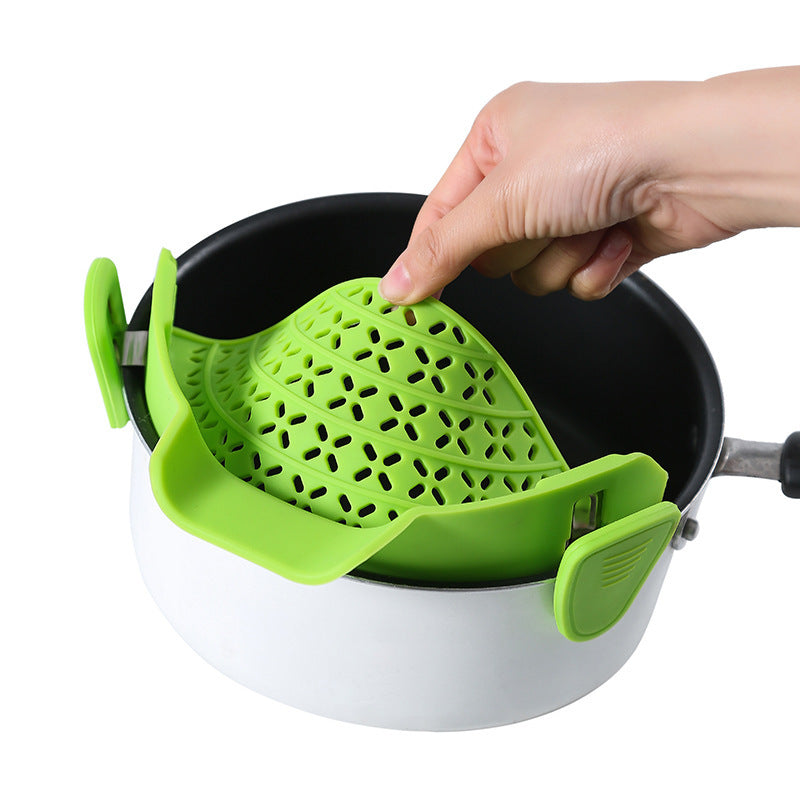Eco-Friendly Clip-On Pot Strainer - Green Silicone Kitchen Tool