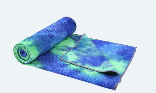 Eco-Friendly Yoga Towel in Blue and Green Tie-Dye Pattern