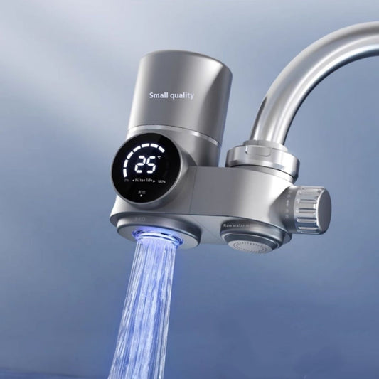Silver cylindrical faucet water filter with digital display