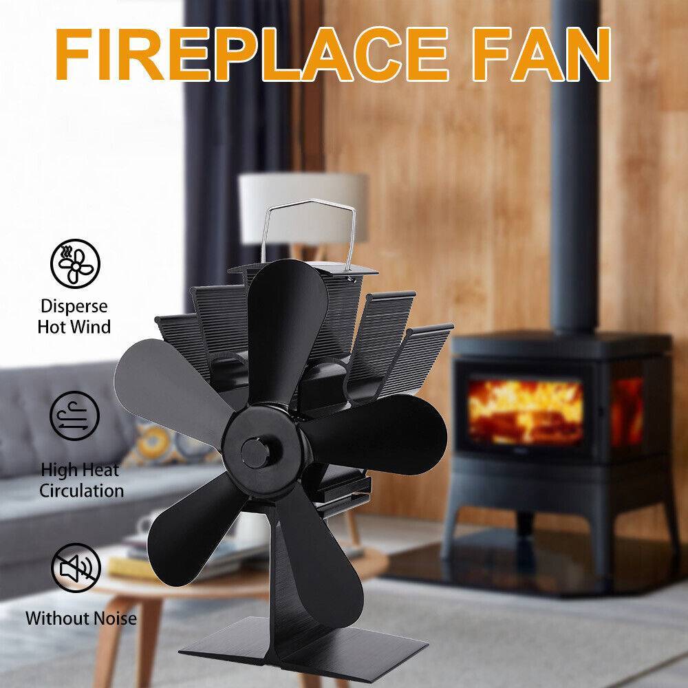 Black heat-powered fireplace fan with a multi-blade design and rectangular base