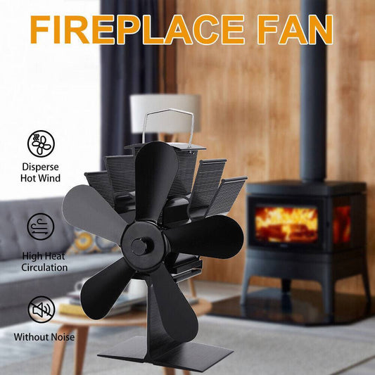 Black heat-powered fireplace fan with a multi-blade design and rectangular base