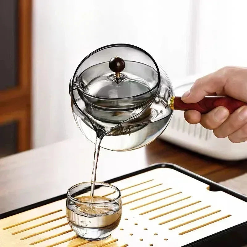 Eco-Friendly Glass Teapot Set with Wooden Handle and Cups