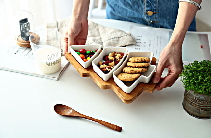 Eco-Friendly Bamboo Christmas Tree Serving Platter with Ceramic Dishes