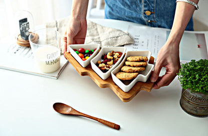 Eco-Friendly Bamboo Christmas Tree Serving Platter with Ceramic Dishes