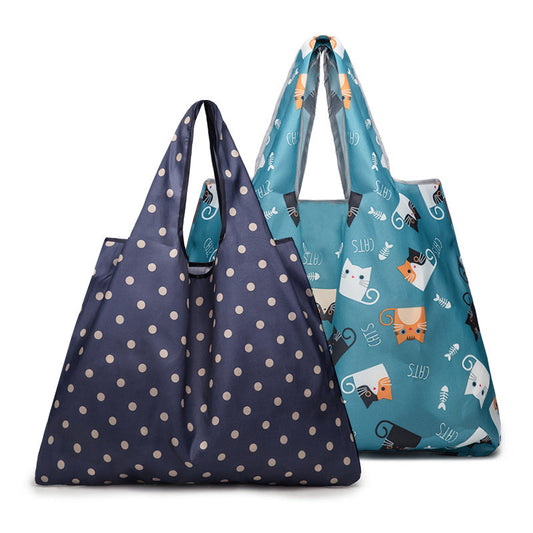 Eco-Friendly Reusable Shopping Bags with Blue Polka Dots and Cat Pattern