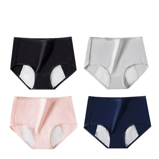 Reusable menstrual underwear in brief style, available in black, gray, pink, and navy blue