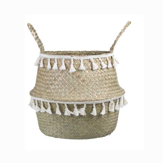 Eco-Friendly Natural Woven Basket with White Tassels