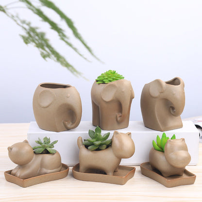 Eco-Friendly Elephant & Cat Succulent Planters - Natural Beige Ceramic