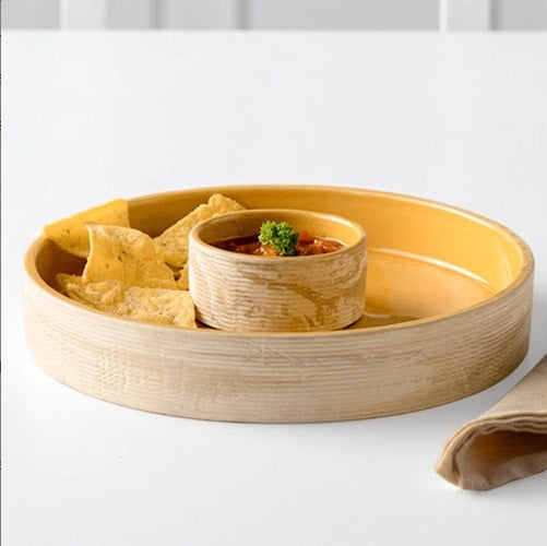 Eco-Friendly Round Serving Tray with Dip Bowl - Natural Wood & Yellow