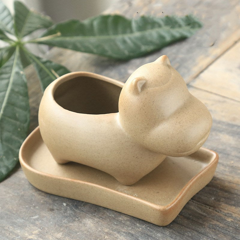 Eco-Friendly Elephant & Cat Succulent Planters - Natural Beige Ceramic
