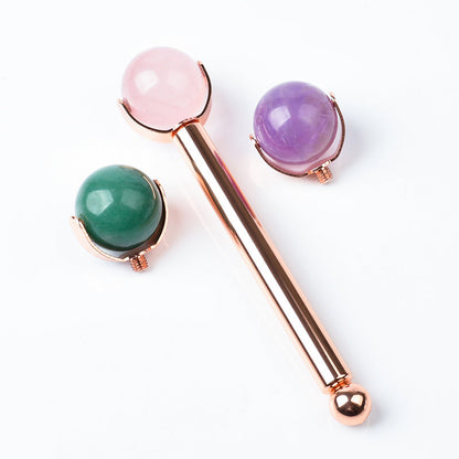 Rose Gold Facial Roller with Interchangeable Stone Heads for Wellness