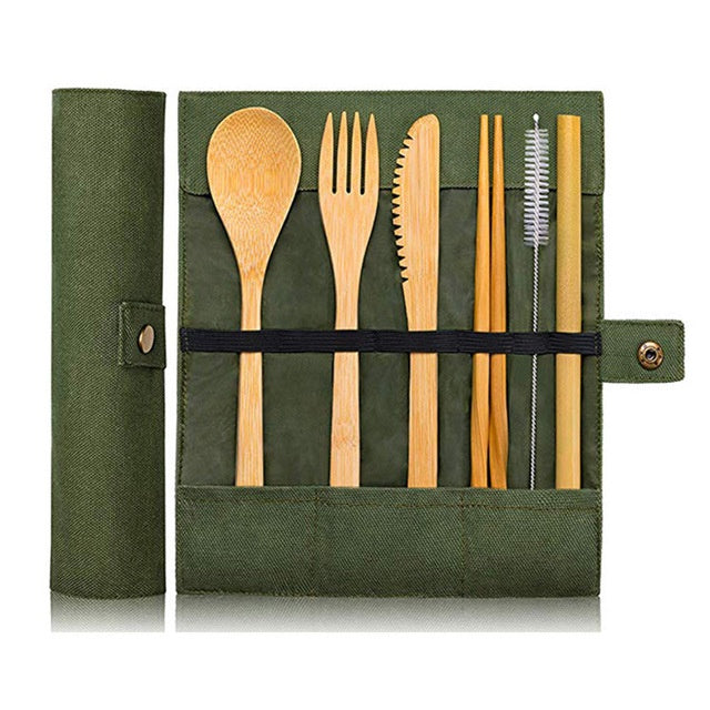 Eco-Friendly Bamboo Cutlery Set with Green Case - Reusable & Portable