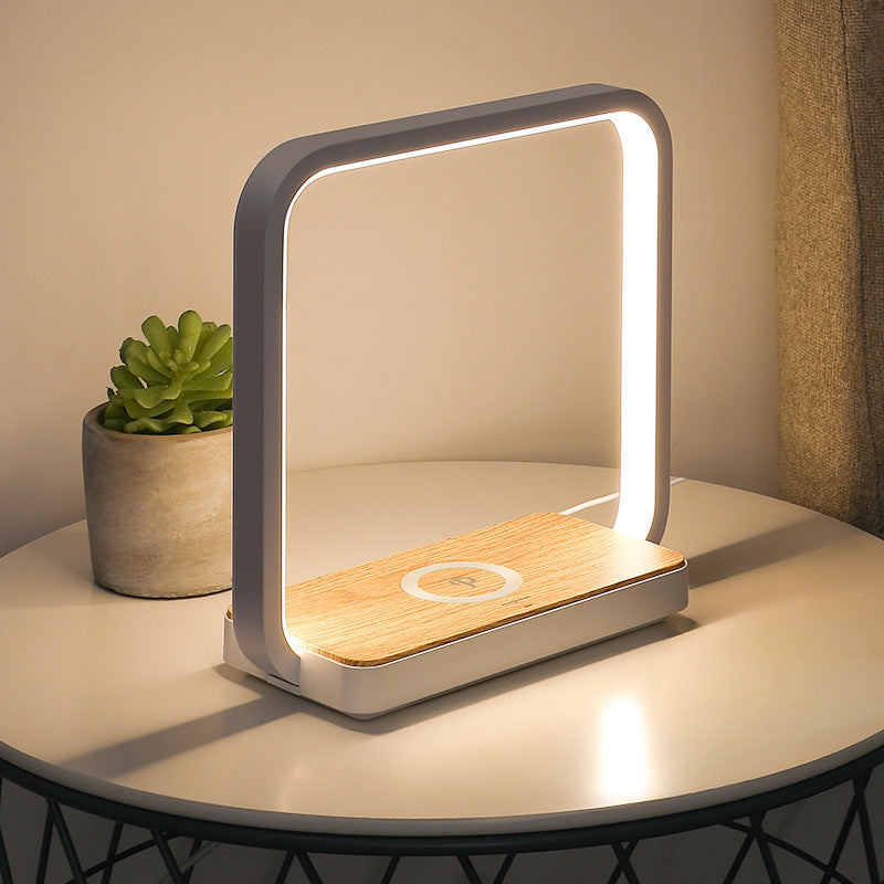 LED Table Lamp with Wireless Charger in White and Wood