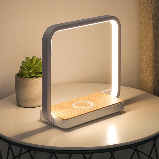 LED Table Lamp with Wireless Charger in White and Wood