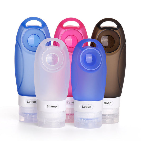 Eco-Friendly Reusable Travel Toiletry Bottles in Blue, Pink, White, and Brown