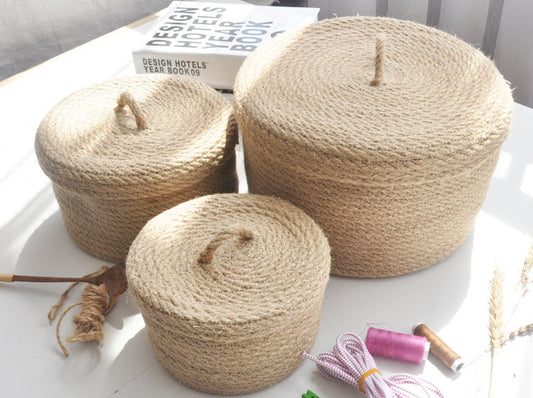 Natural beige round woven jute storage baskets set