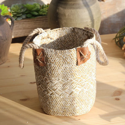 Eco-Friendly Woven Storage Baskets - Natural Beige with Brown Accents