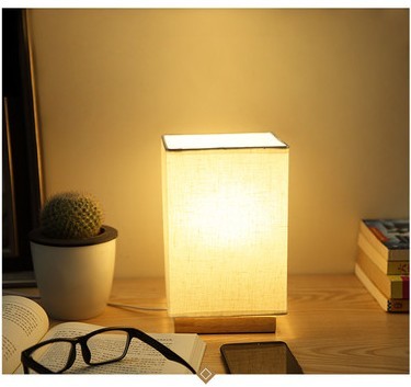 Eco-Friendly Rectangular Table Lamp with Beige Fabric Shade and Wooden Base