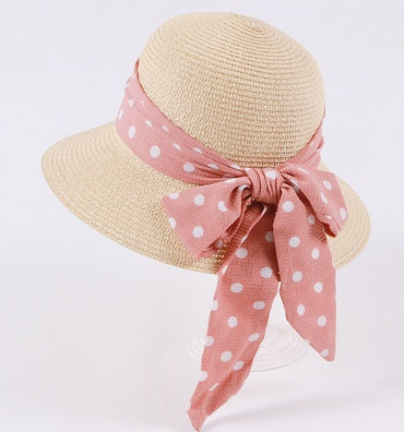 Eco-Friendly Wide-Brimmed Sun Hat with Pink Polka Dot Ribbon