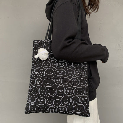 Eco-Friendly Black Smiley Face Tote Bag - Sustainable & Reusable