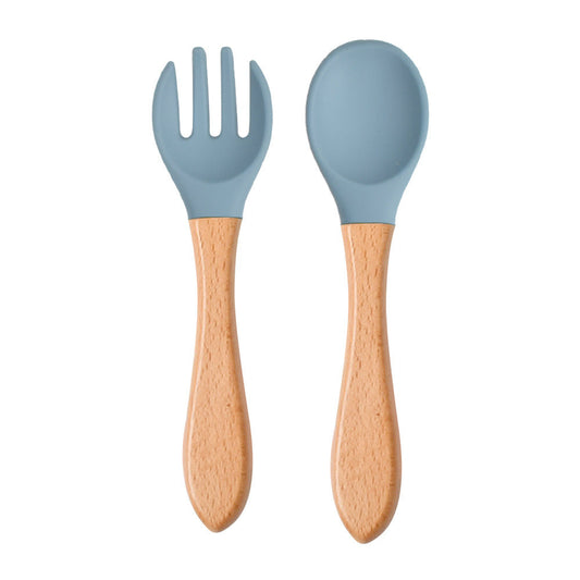 Blue and natural wood silicone utensil set for kids