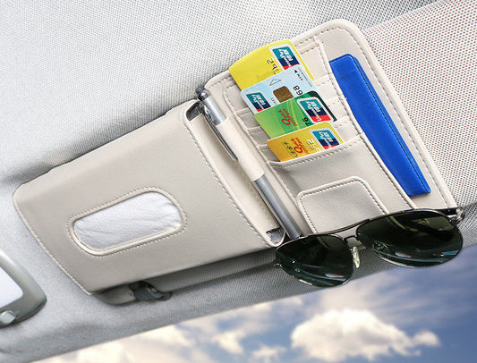 Beige Car Visor Organizer with Multi-Compartment Design