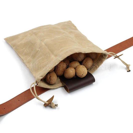 Beige fabric reusable storage bag with drawstring closure