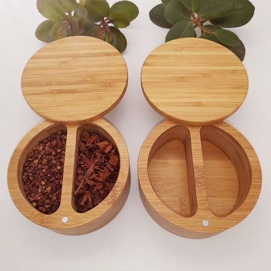 Bamboo spice container with natural wood finish and divided interior