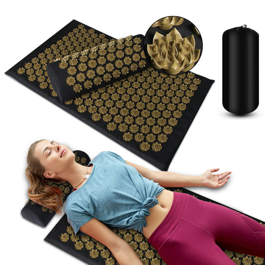 Black Acupressure Mat and Pillow Set with Gold Spikes